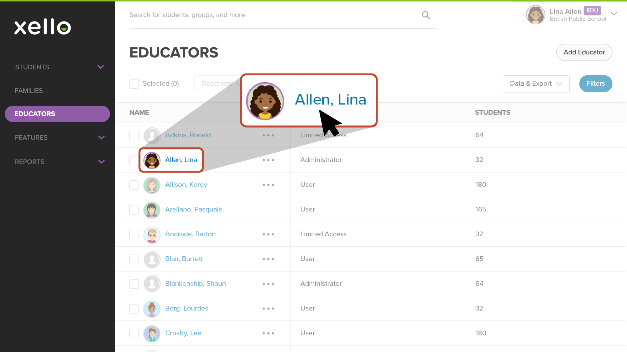 Educators list open. An educator named Allen, Lina is highlighted